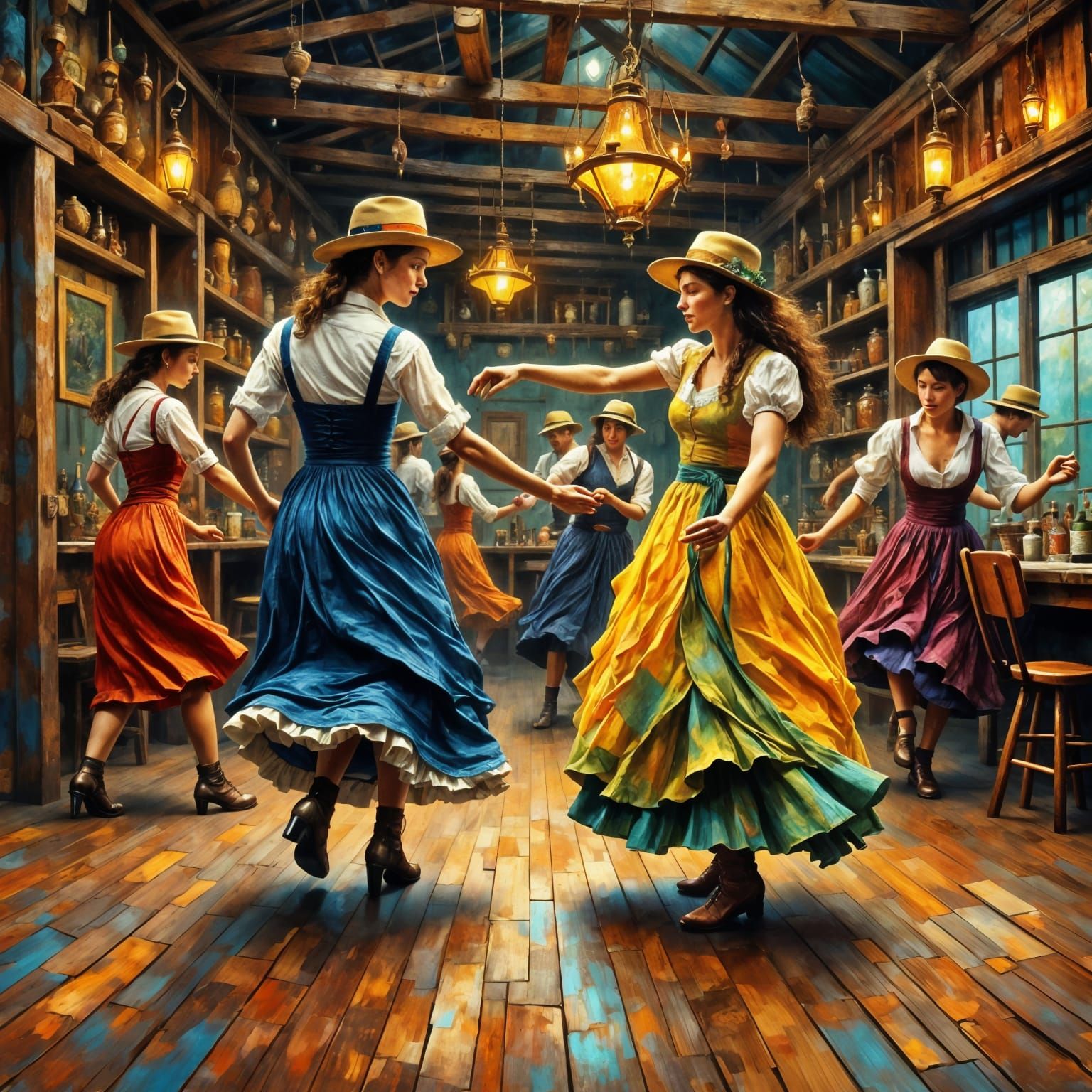 Square Dancers in a Vibrant Old Barn Impasto Painting