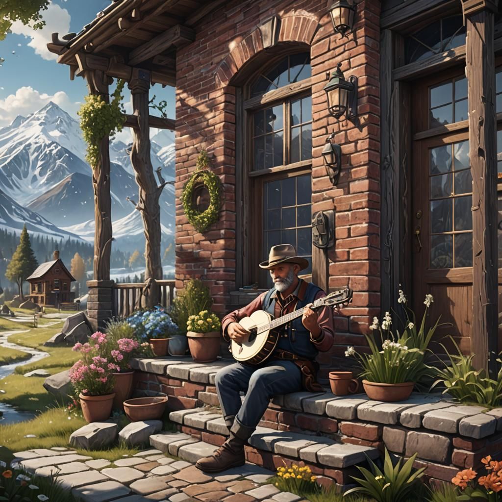 Banjo Player on Porch with Mountain View