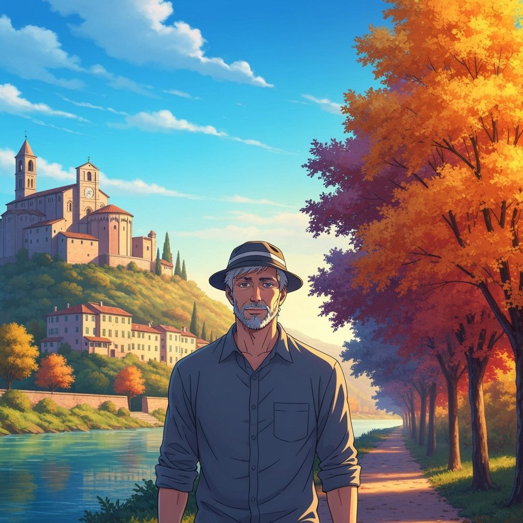 Italian Man in Autumn Landscape Anime Style