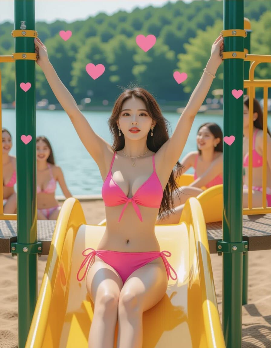 Glamorous K-Pop Idol on Playground Slide