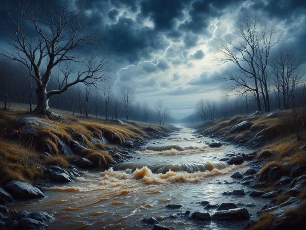 Hyperrealistic Creek in Spring Thunderstorm Night