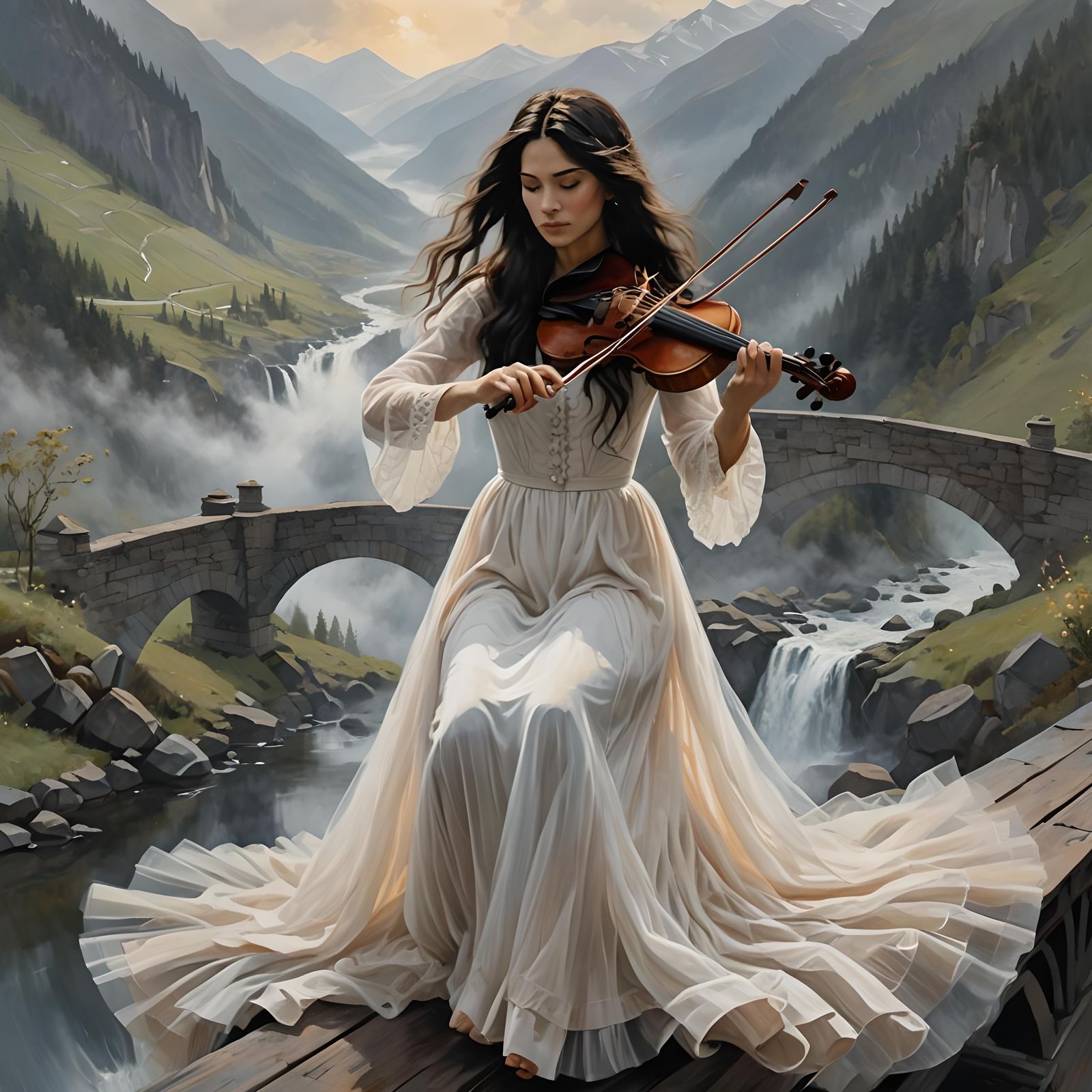 Woman in White Dress Playing Violin: Oil Painting