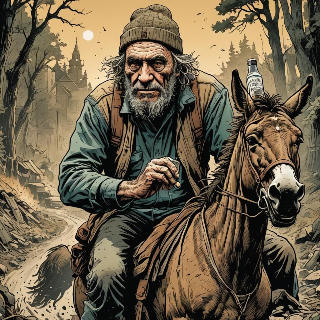 Man on Donkey in Gritty Comic Book Art