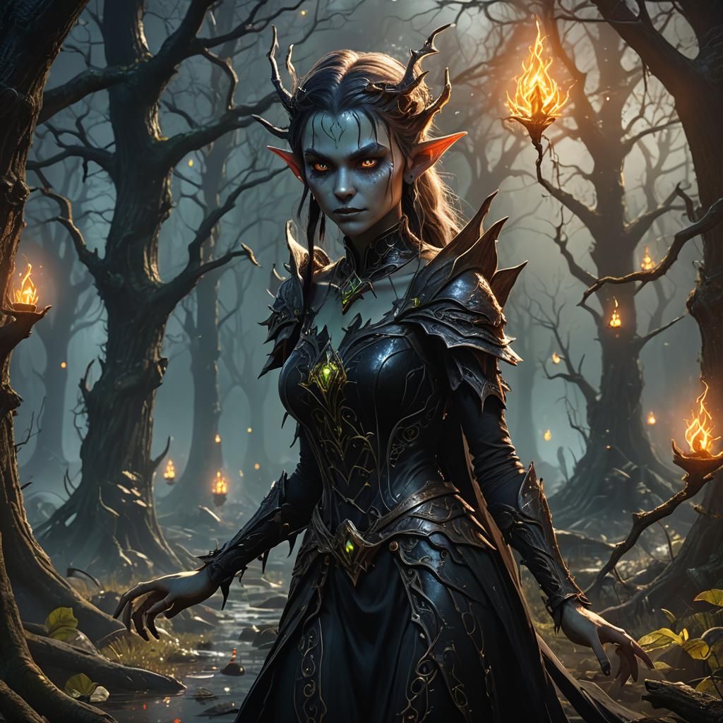 Elf Confrontation in Black Swamp, Fantasy Art