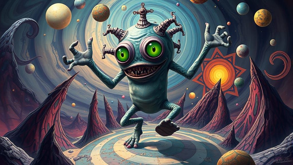 Vibrant Surrealist Entity Dances with Impossible Geometry