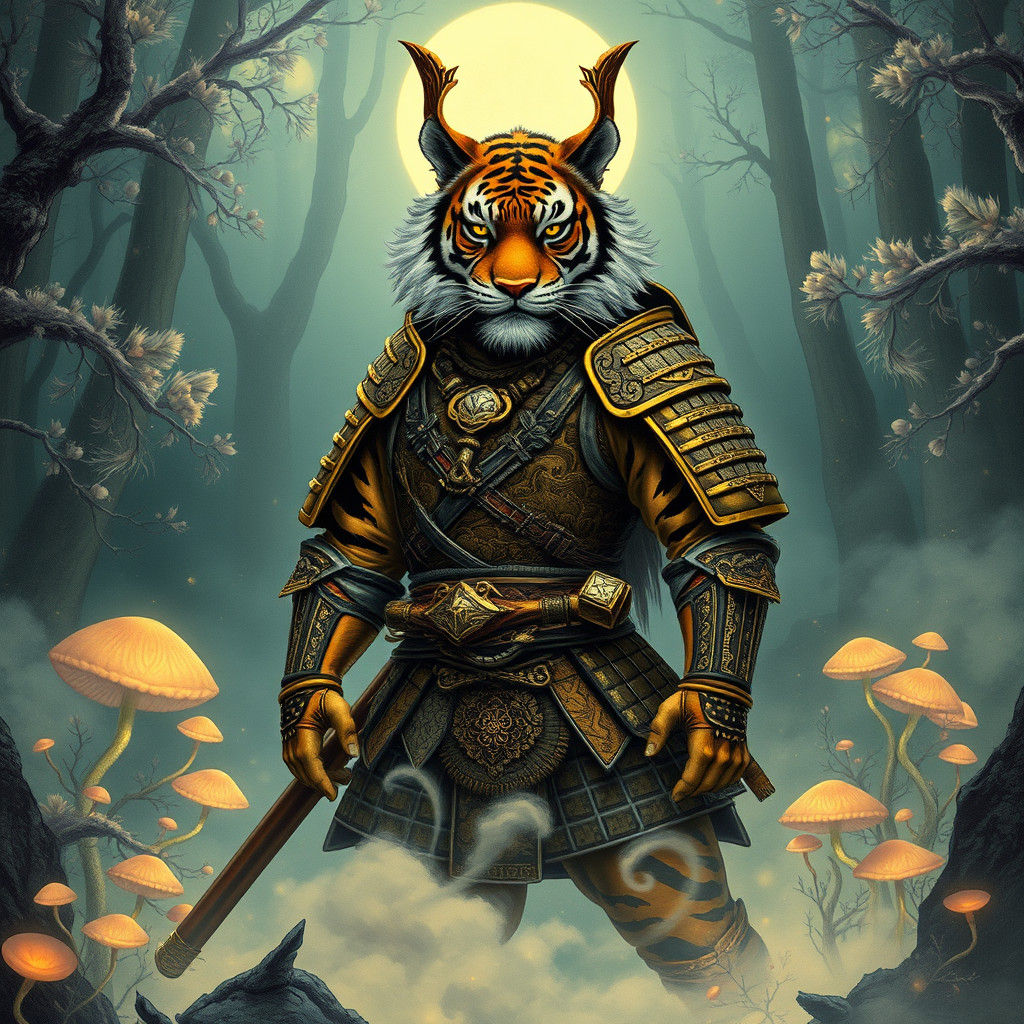 Tiger Samurai in Mystical Forest: Digital Art