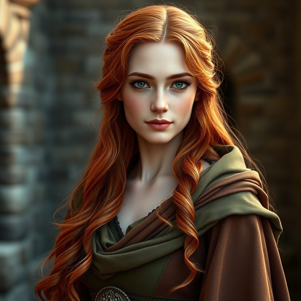 Enchanting Fantasy Maiden in Medieval Cloak with Golden Ligh...