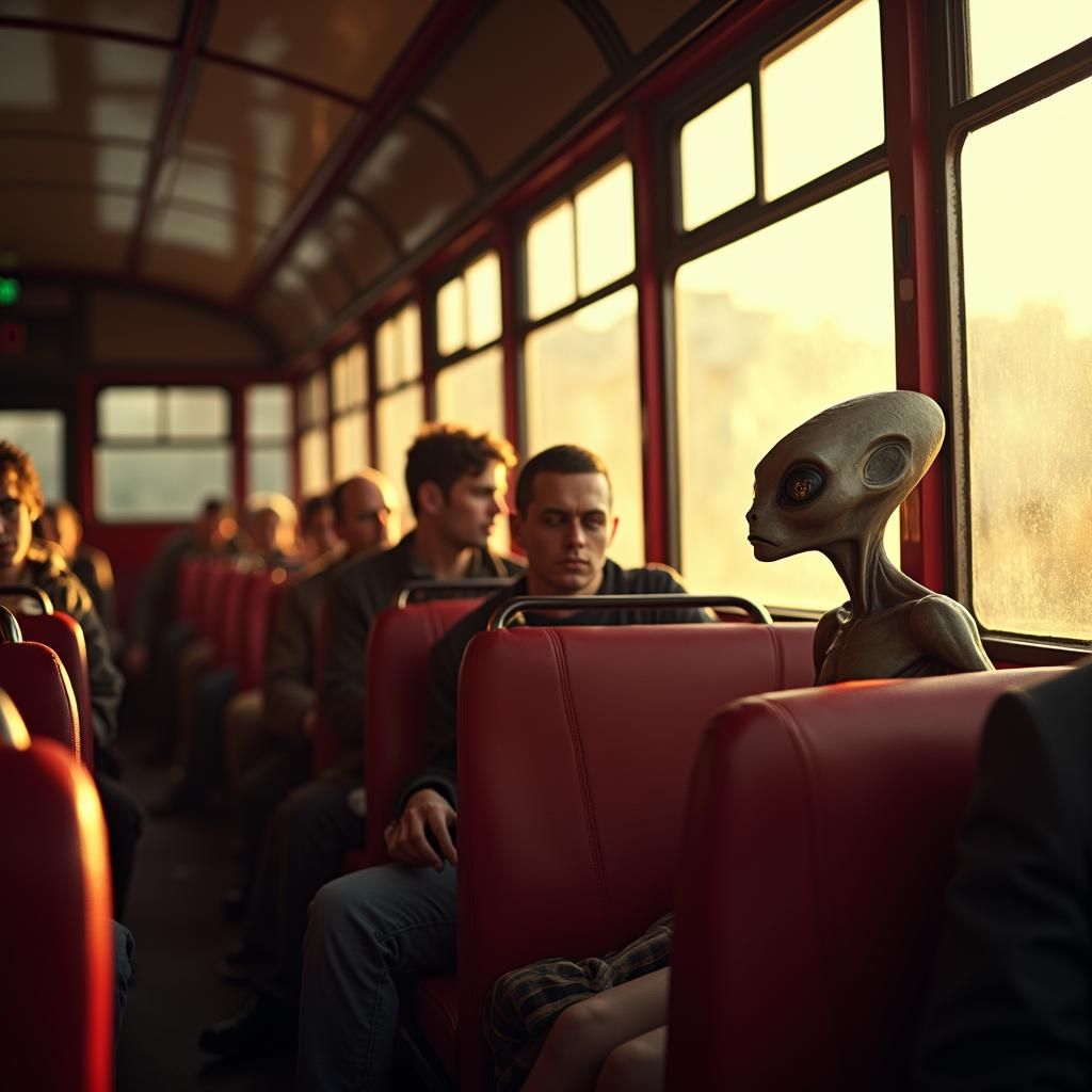 Nostalgic Red Bus with Alien Passenger