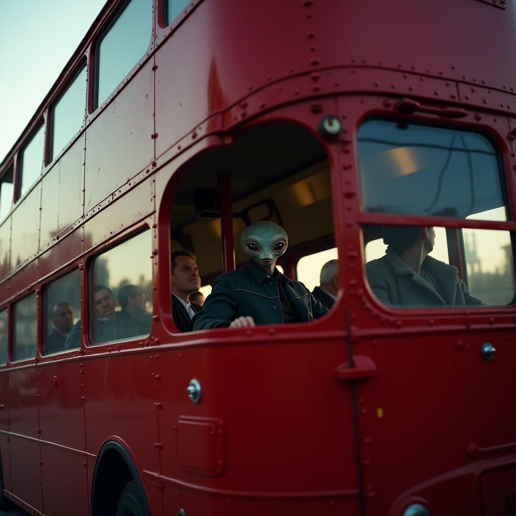 Vintage Bus with Alien Passenger, Cinematic Still