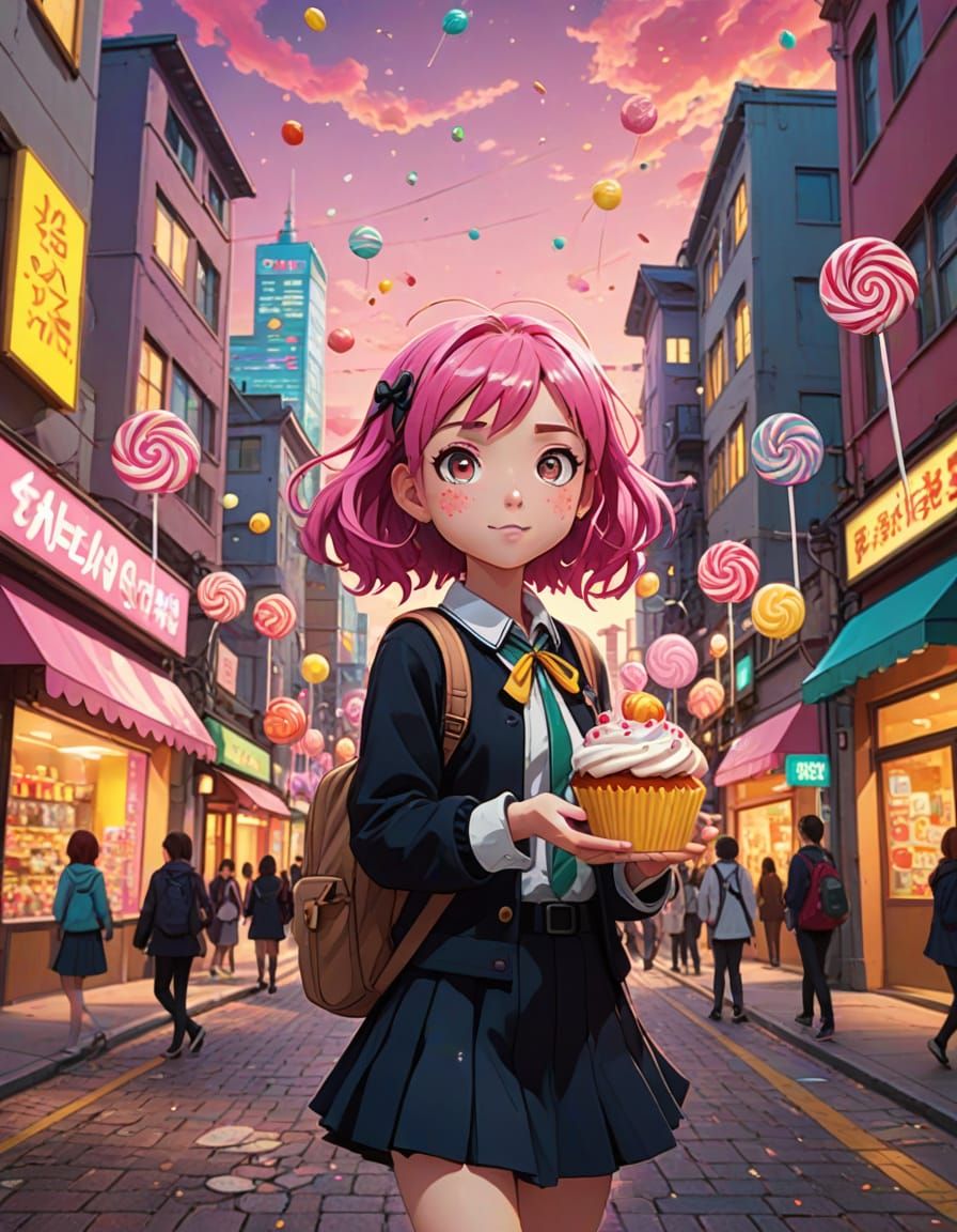 Anime Schoolgirl in Candy Cityscape