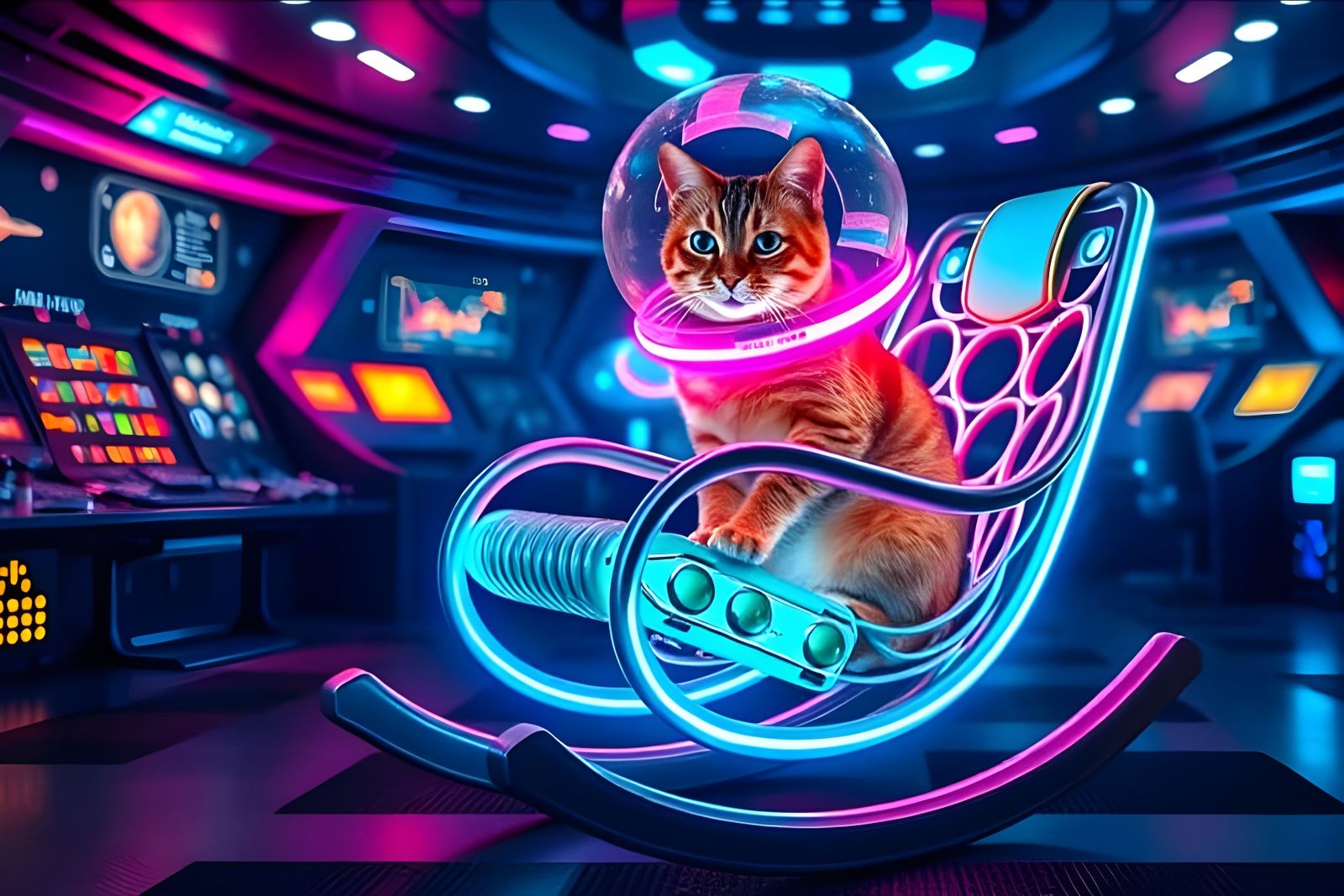 Futuristic Rocking Chair with Space Cat on Starship Bridge