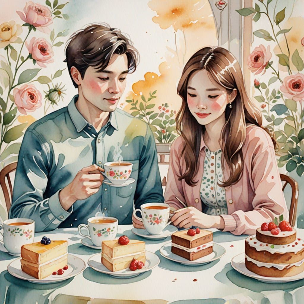 Whimsical Watercolor Scene of Young Couple in Cozy Pastel Se...