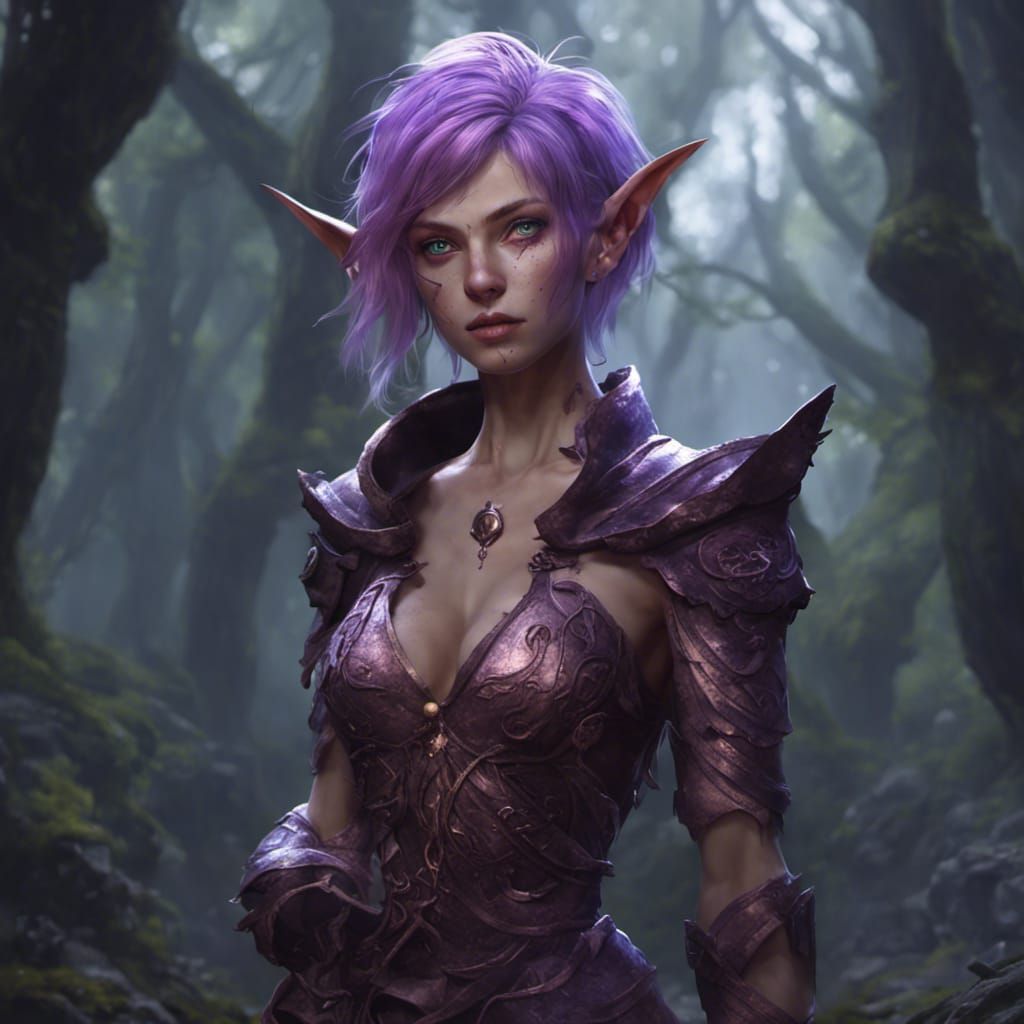 Spirit Elf with Purple Eyes in Dark Fantasy Style