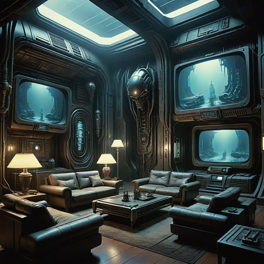 Retro Cyberpunk Living Room Scene in Warm Neon Light