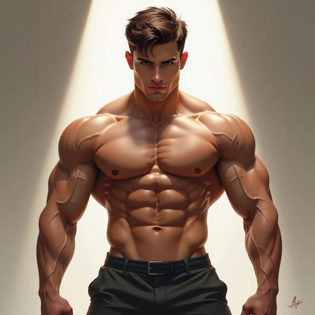 Hyper Muscular Man Posing with Dramatic Lighting