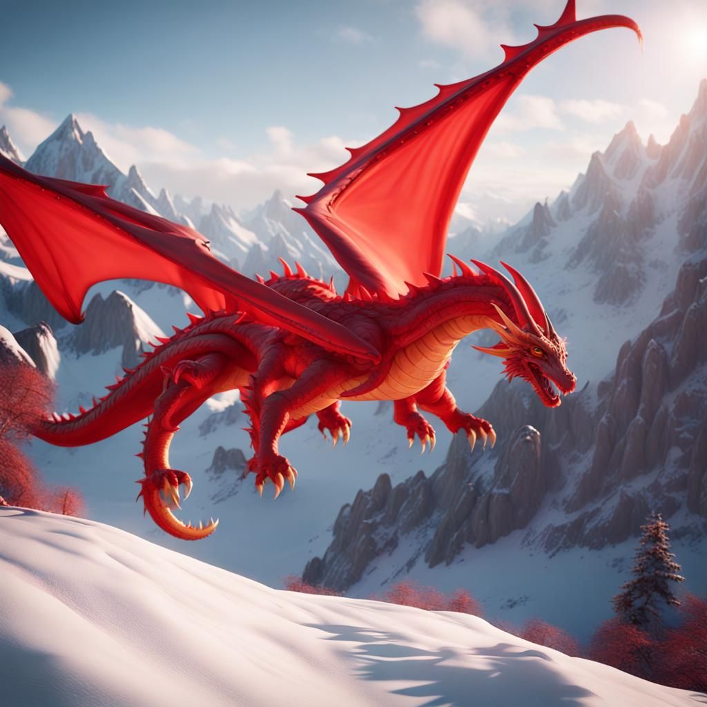 Majestic Red Inflatable Dragon Soaring Over Mountains