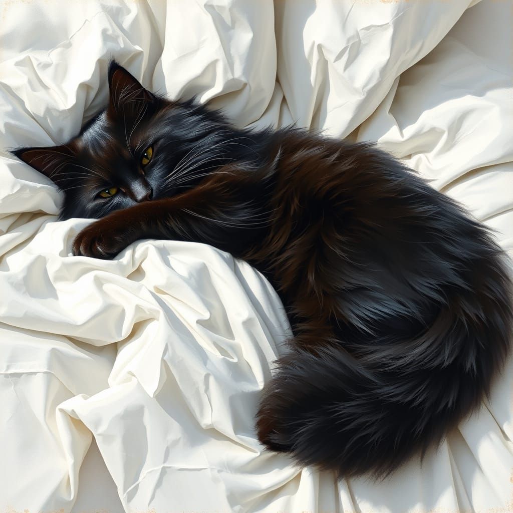 Dreamy Black Cat on Plush White Bed