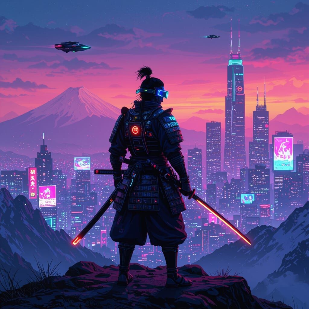 Cyberpunk Samurai Above Neon Metropolis