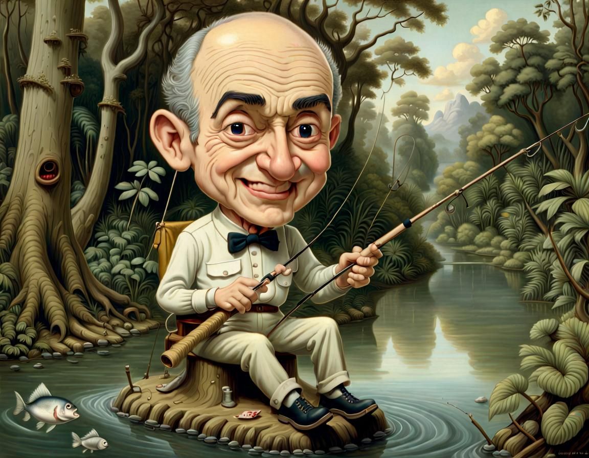 Louis de Funès Fishing: A Whimsical Jungle Caricature