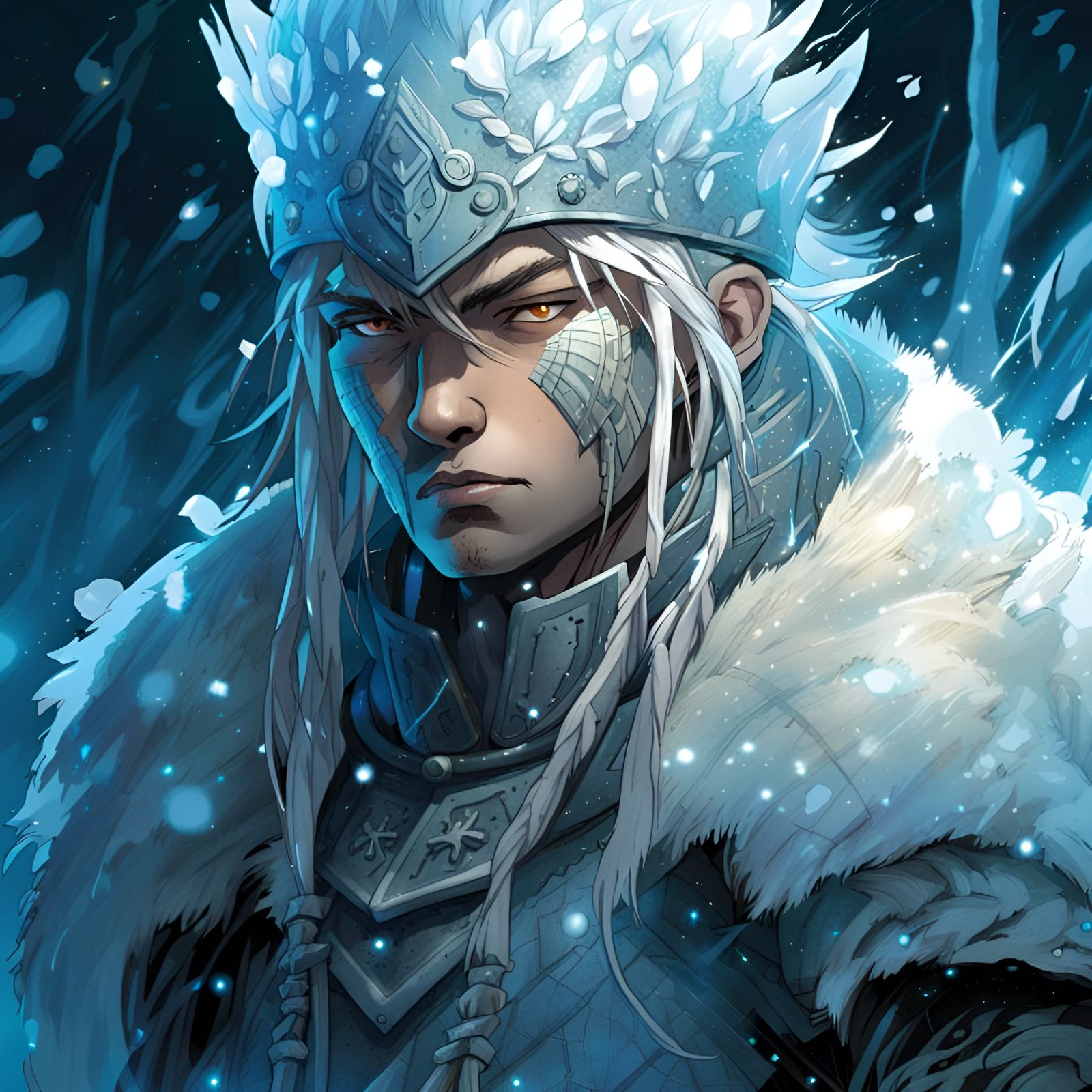 Noble Ice Warrior with Flowing Skin in Manhwa Style