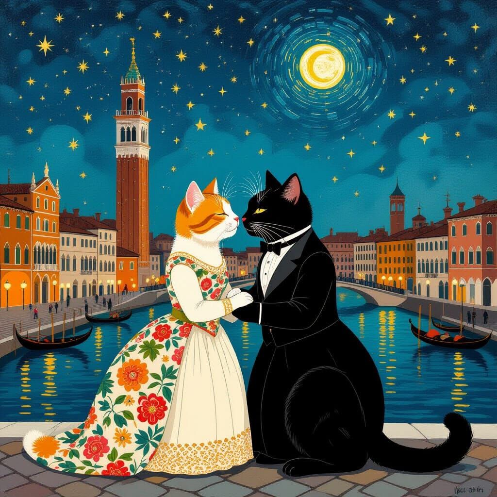 Elegant Cats Kiss Under Starry Bologna Sky in Klimt-Baroque ...