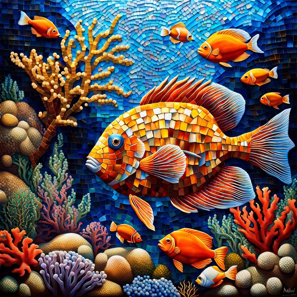 Vivid Mosaic Underwater Scene with Fish