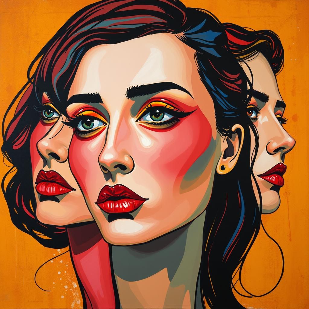 Faces of women, colorful oil on canvas, modern European ink ...