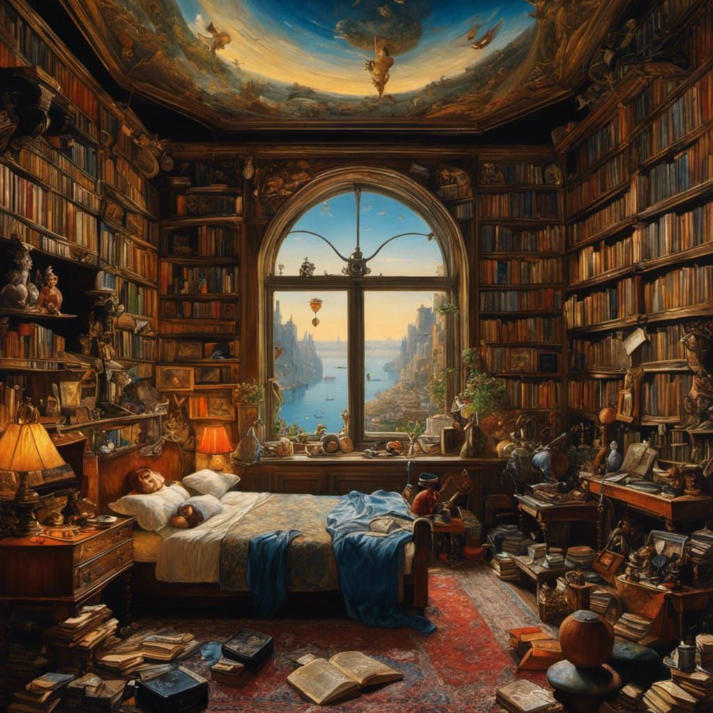 Maximalist Bedroom with a View, Intricate Oil Painting