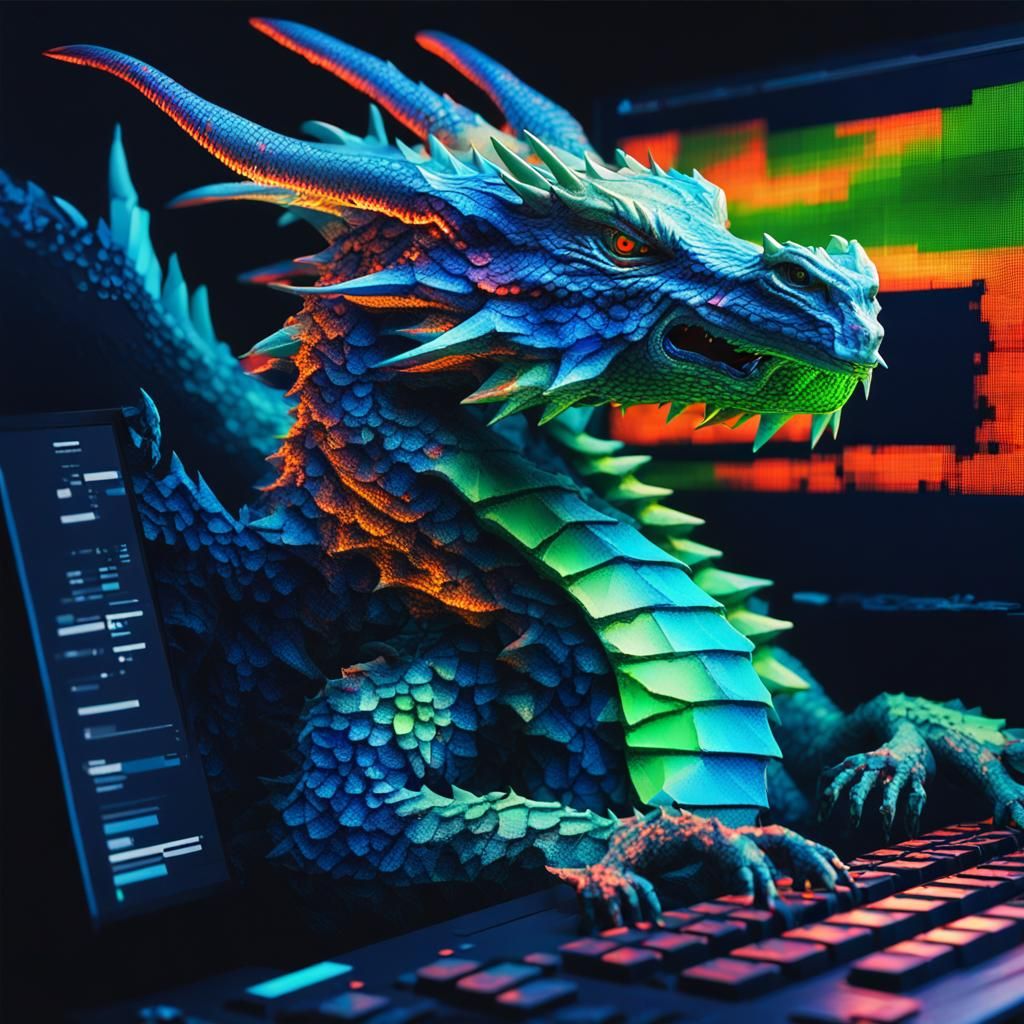 Dragon Glitching Through Computer Screen in Glitchcore Art