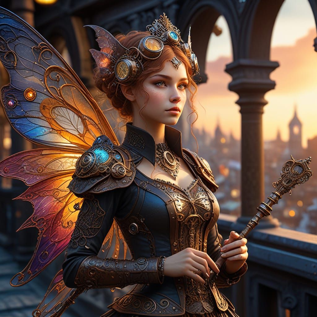 Steampunk Fairy with Clockwork Wings and Staff