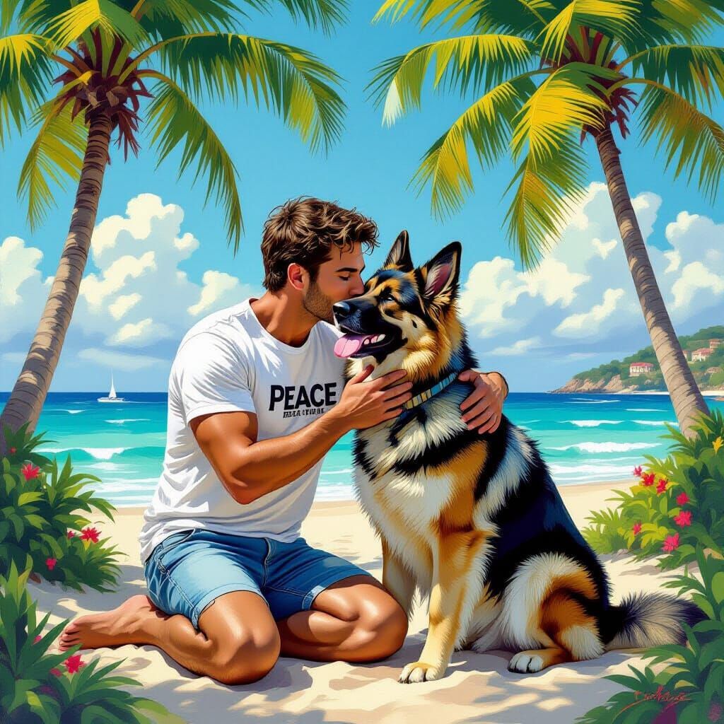Man and Dog Embrace in Thomas Kinkade Style