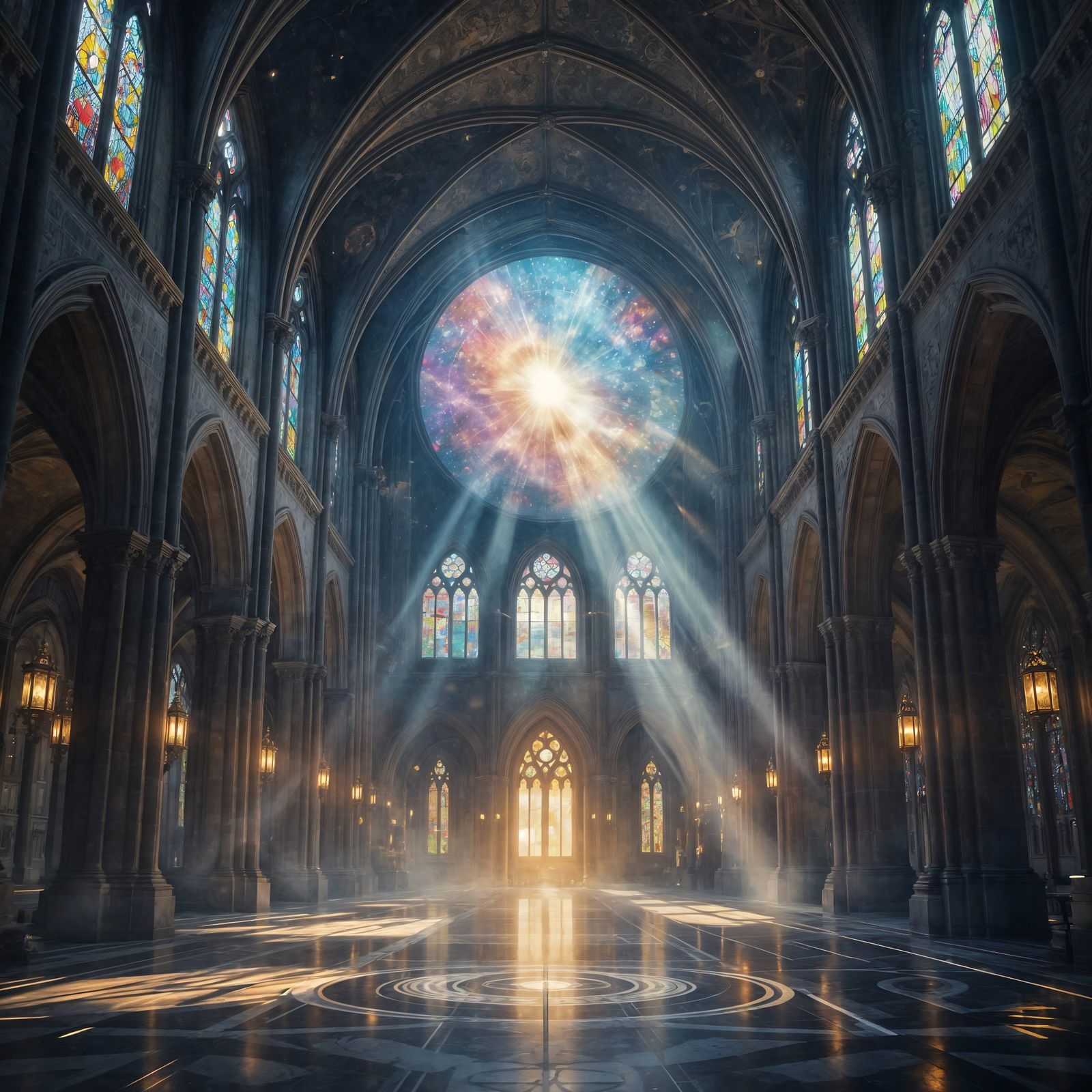 Cathedral Interior Illuminated by Cosmic Nebulae