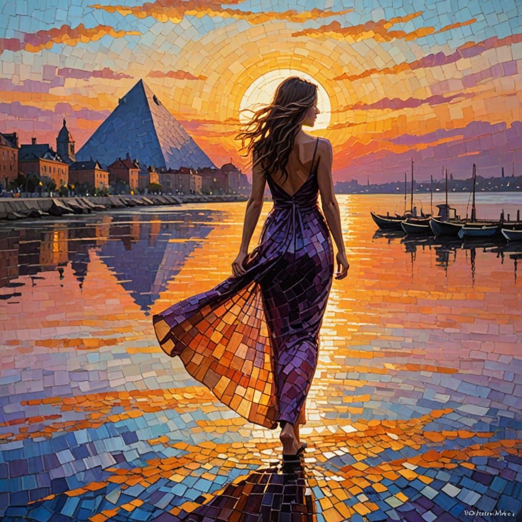 Sunset Mosaic in Encaustic Impasto Style