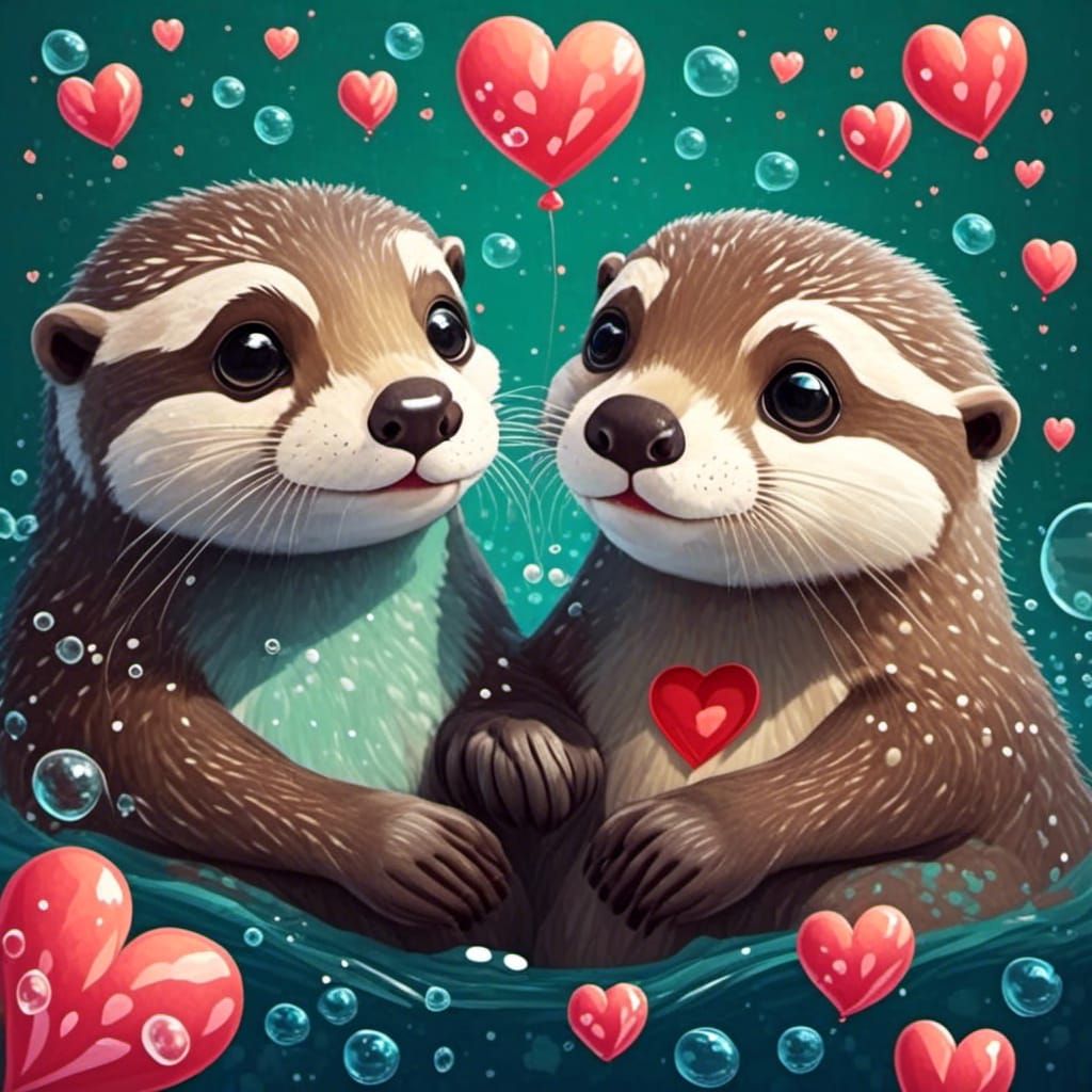 Romantic Otters Surrounded by Love Bubbles