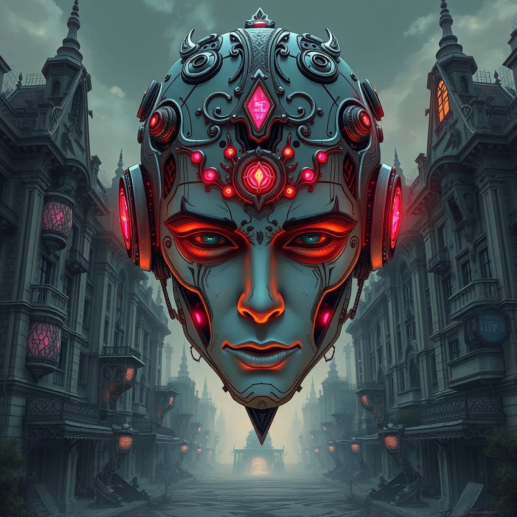 Cyborg Head in Art Nouveau Mannerism with Holographic Accent...