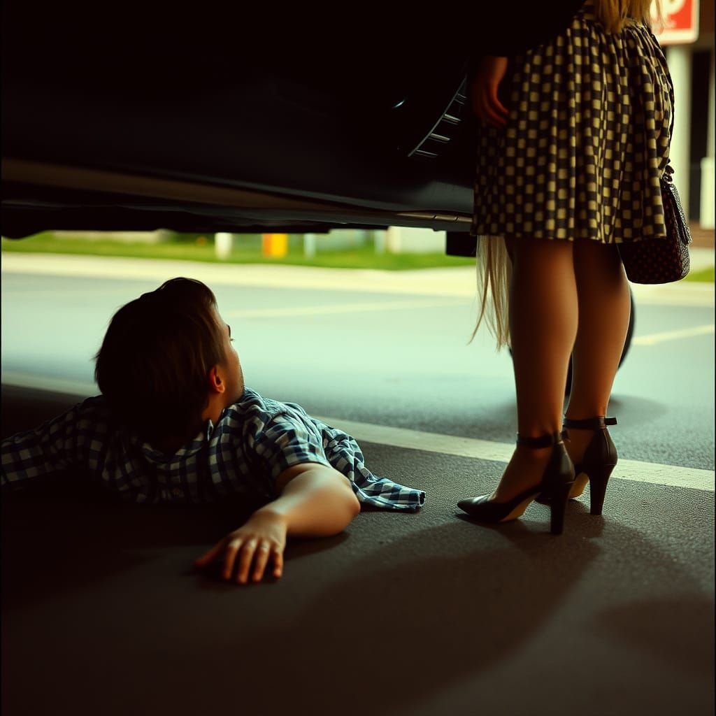 Mechanic Under Car Views Crossdressing Man in Dress