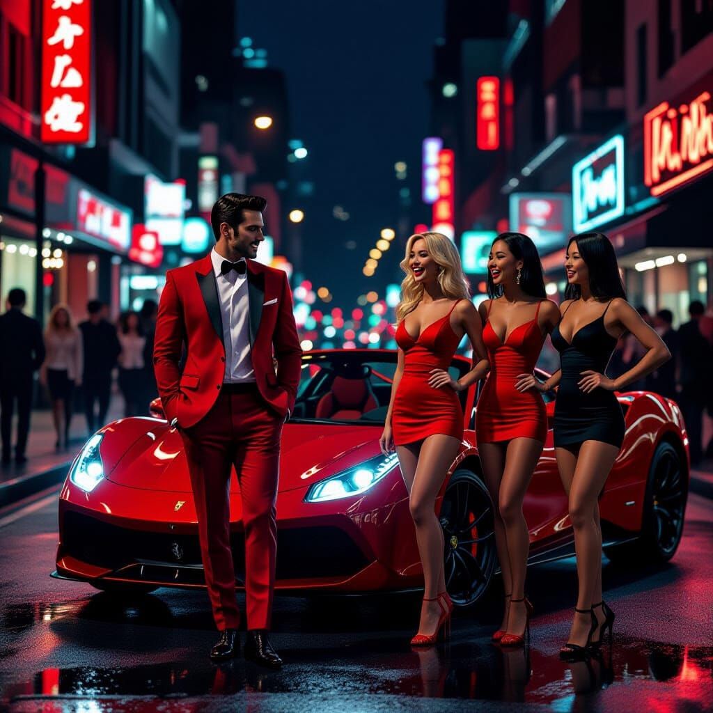 Lucifer in Red Suit with Sports Car and Admiring Women