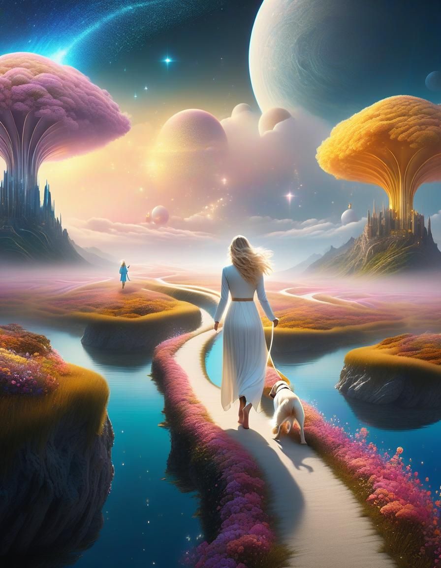 Woman and Dog on Floating Island Path