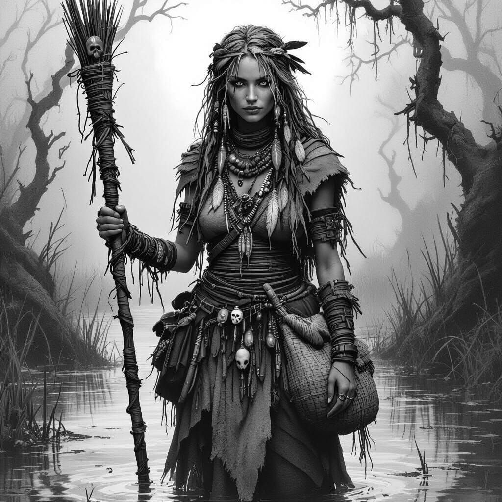 Swamp Healer in Hyperdetailed Charcoal Drawing