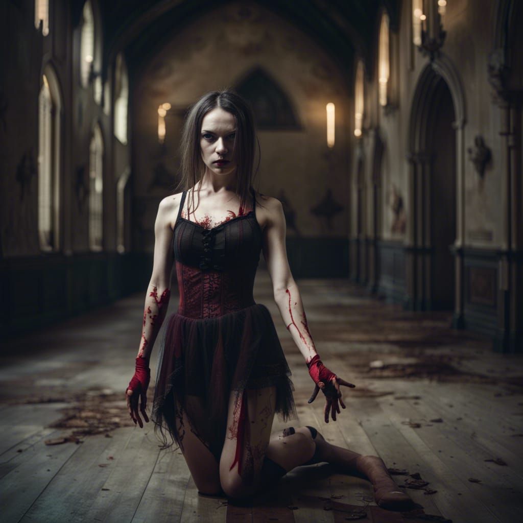 Creepy Gothic Ballet Dancer in Castle Hall