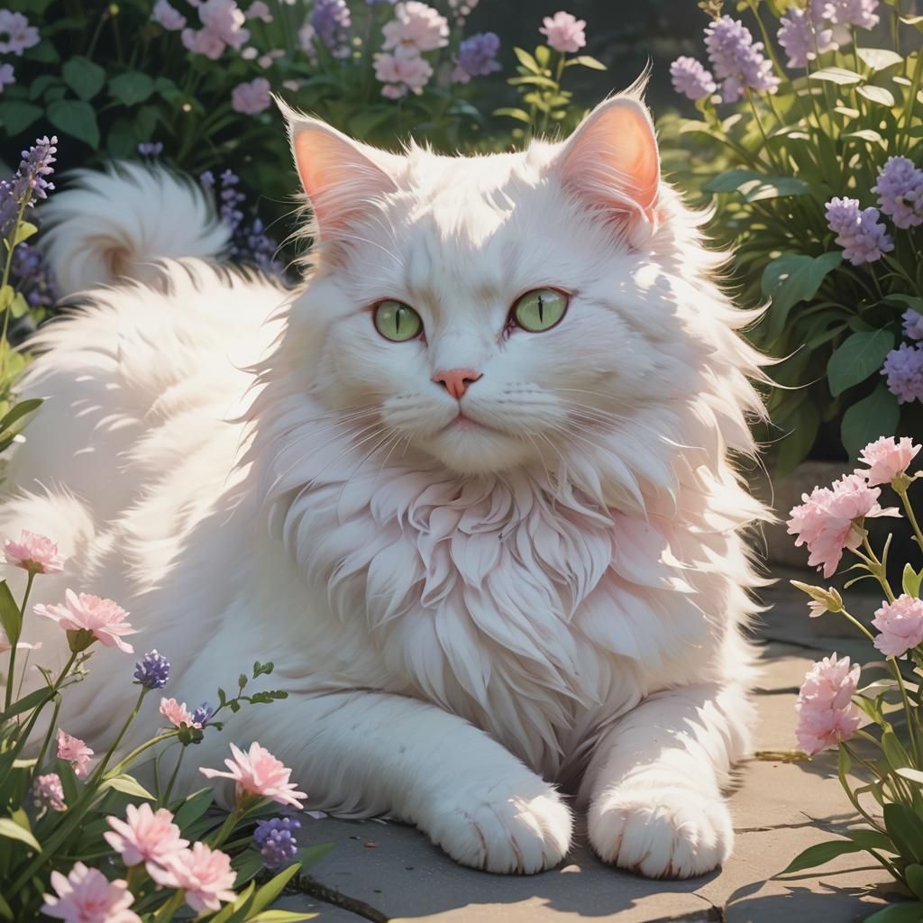 Fluffy Pastel Cat Lounging in a Sunlit Garden