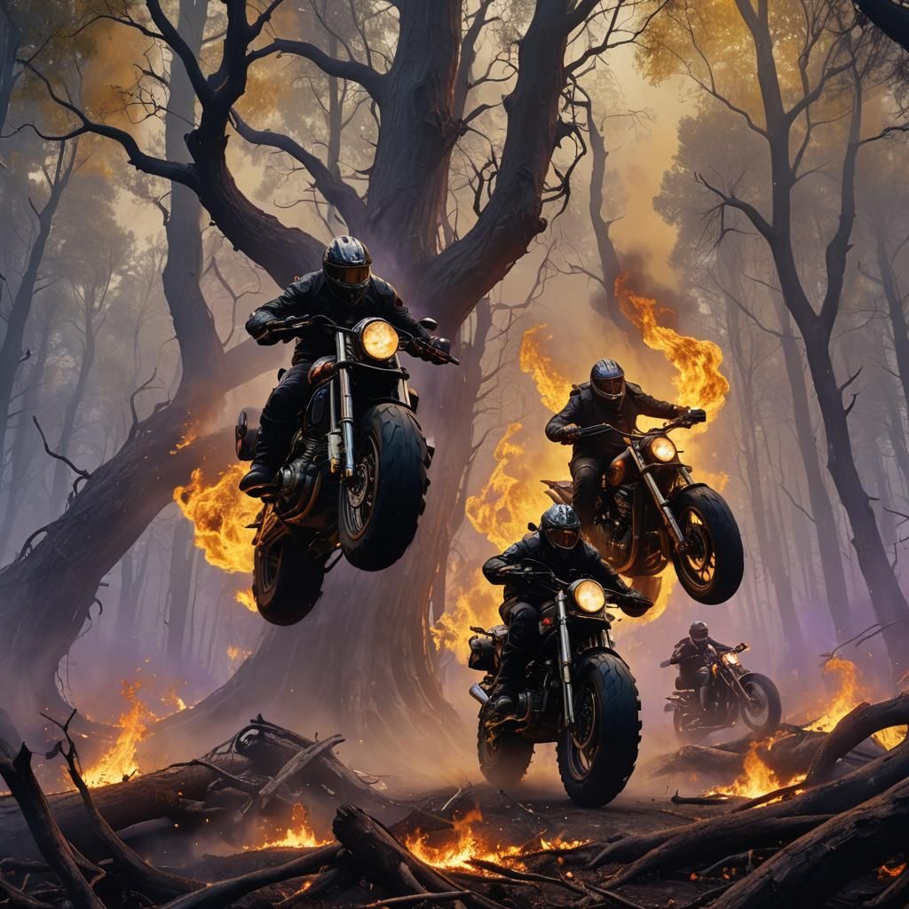 Epic War Motorcycles Leap Burning Trees