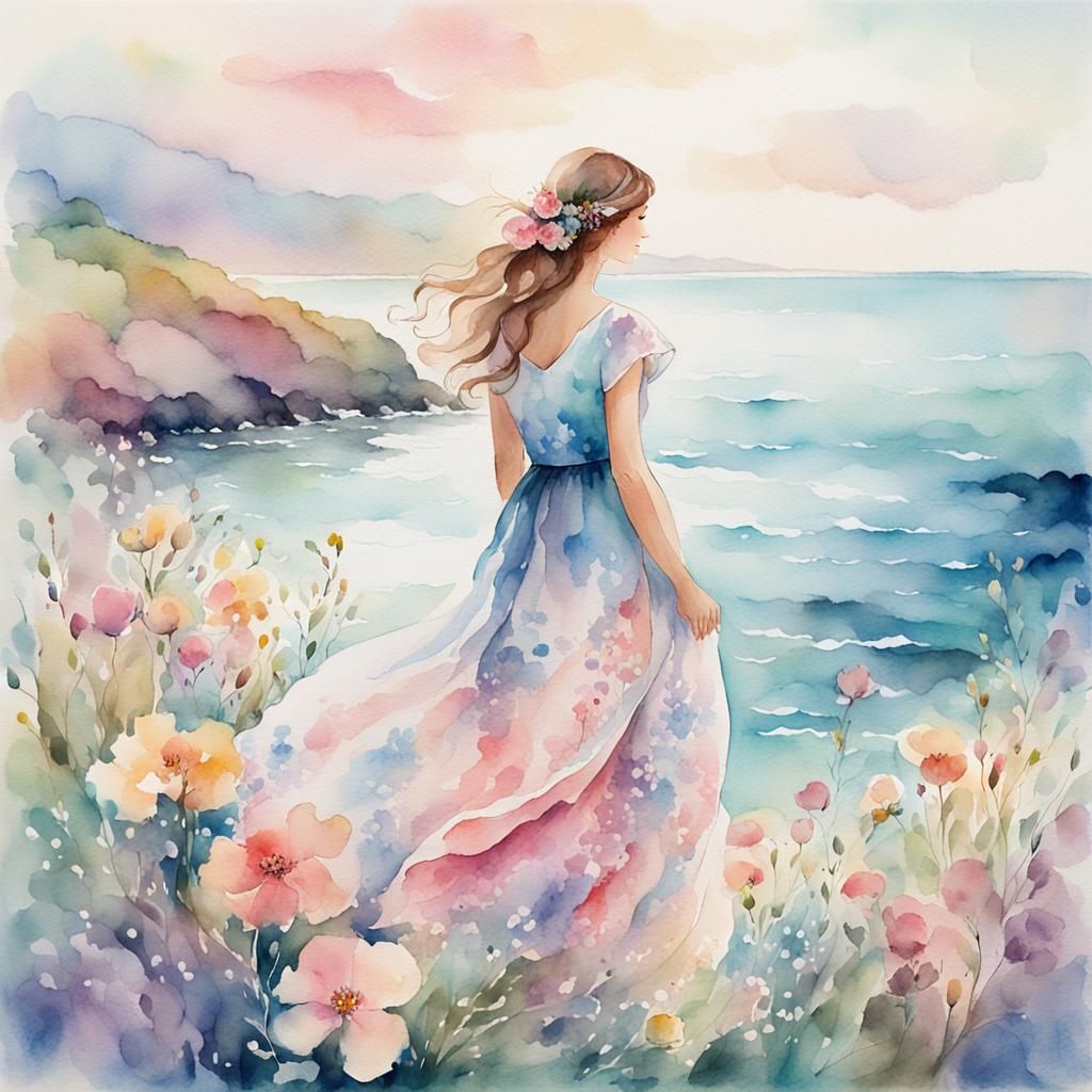 Ethereal Woman by the Sea: A Watercolor Painting