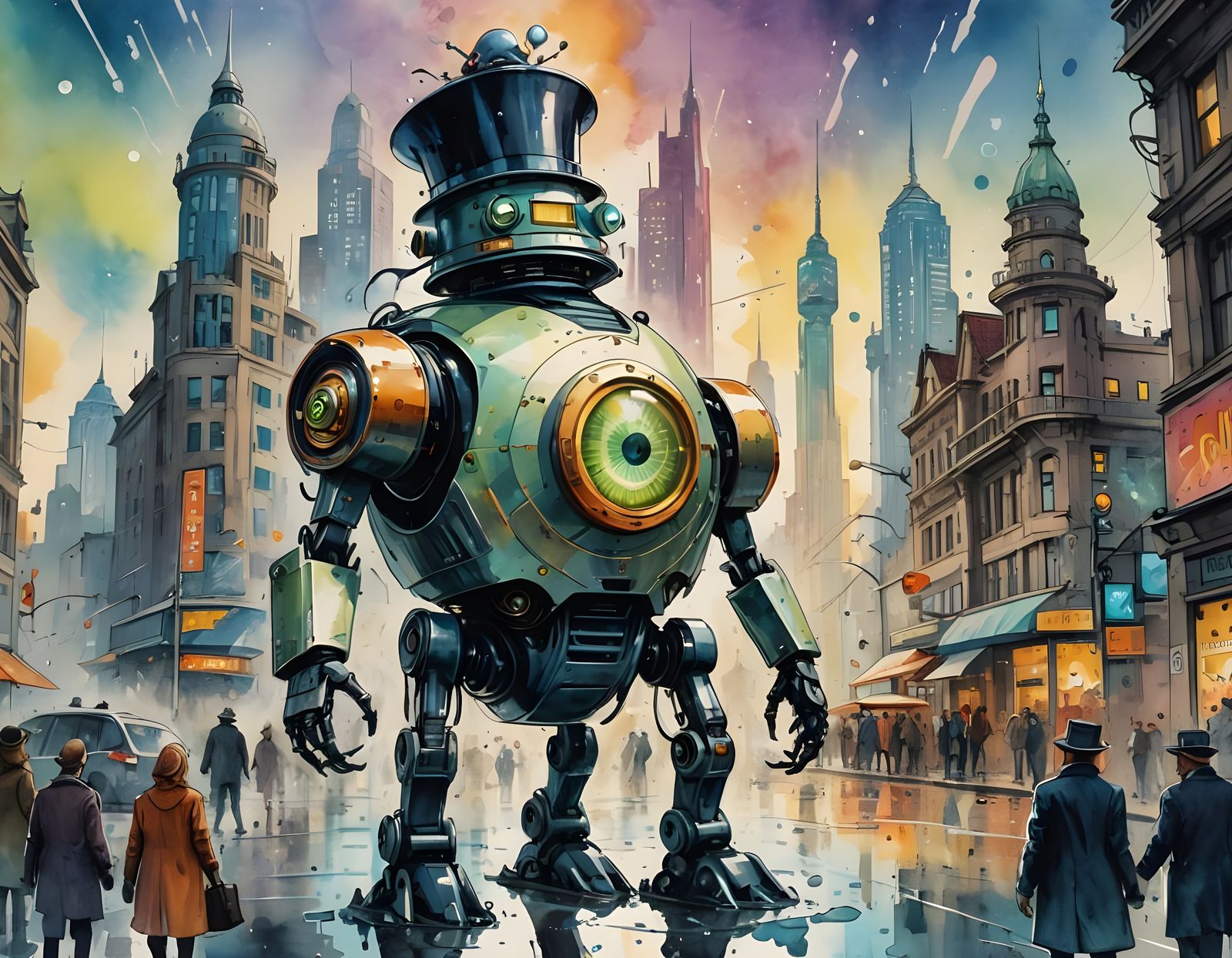 Futuristic Berlin Scene with Robot Monster in Watercolor