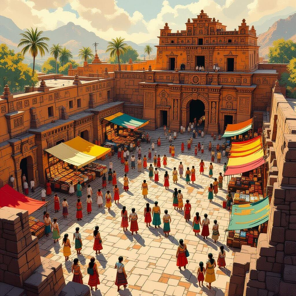 Aztec Temple Scene in Earle, Mead, and Stalenhag Style