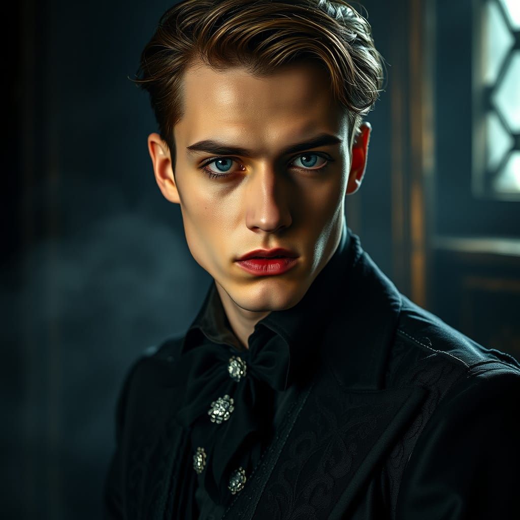 Gothic Heartthrob in Mysterious, Dimly Lit Atmosphere