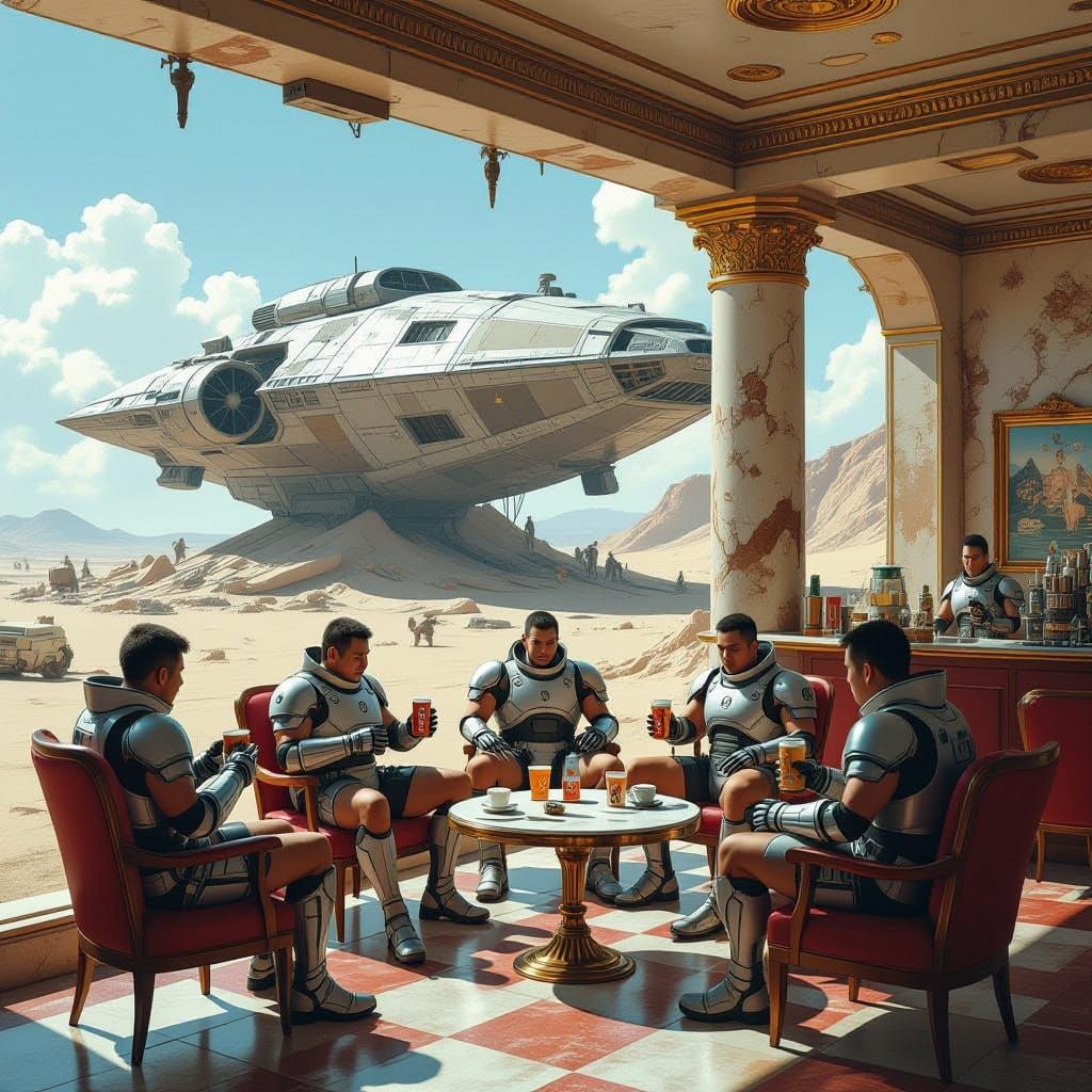 Futuristic Cafeteria Scene with Soldiers in Armor