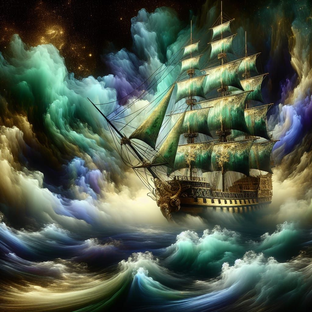 Jade and Gold Ship Sailing on Stormy Seas