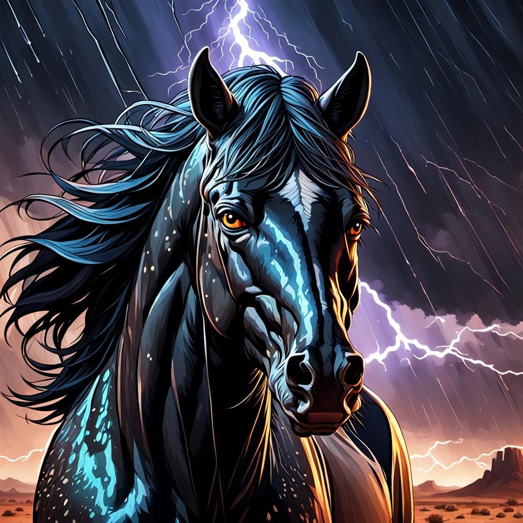Black Stallion in Desert Rain: Hyperdetailed Digital Art
