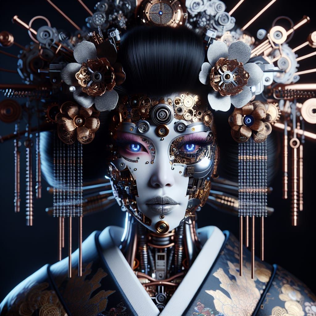 Cyber Steampunk Geisha in Elegant Dark Elegance
